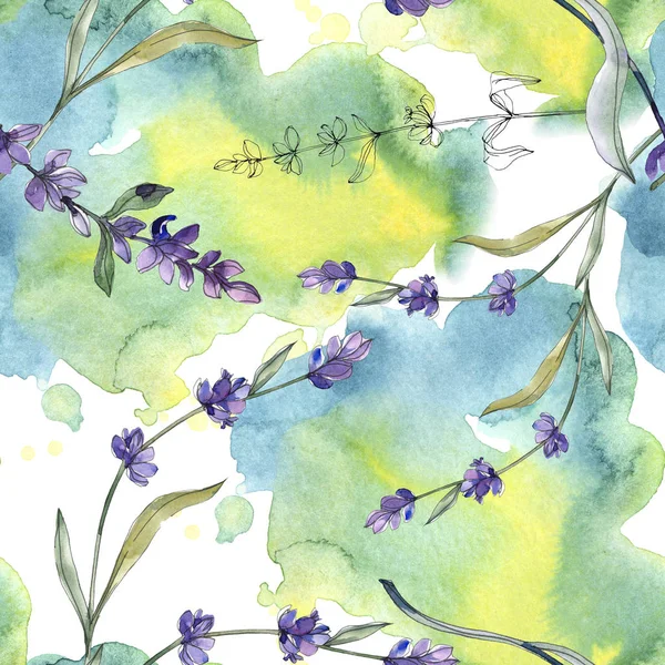 Purple lavender. Watercolor illustration set. Seamless background pattern. Fabric wallpaper print texture.