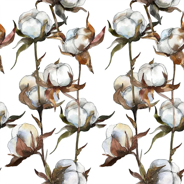 コットン花植物の花 水彩画背景イラスト セット 水彩描画のファッション Aquarelle 分離します シームレスな背景パターン 壁紙印刷手触りの生地 — ストック写真