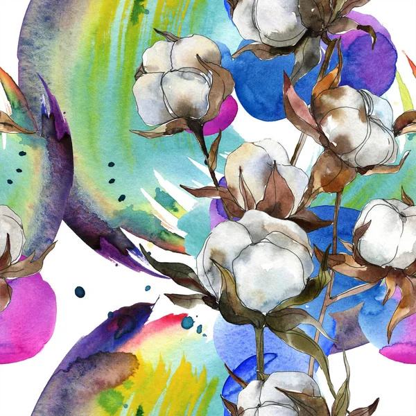 Pamuk botanik çiçek. Suluboya arka plan illüstrasyon küme. Suluboya çizim moda aquarelle izole. Sorunsuz arka plan deseni. Kumaş duvar kağıdı yazdırma doku.
