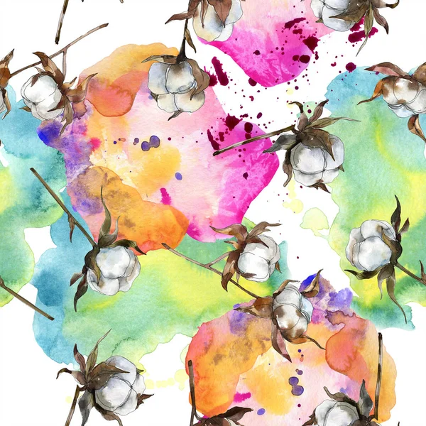 Pamuk botanik çiçek. Suluboya arka plan illüstrasyon küme. Suluboya çizim moda aquarelle izole. Sorunsuz arka plan deseni. Kumaş duvar kağıdı yazdırma doku.