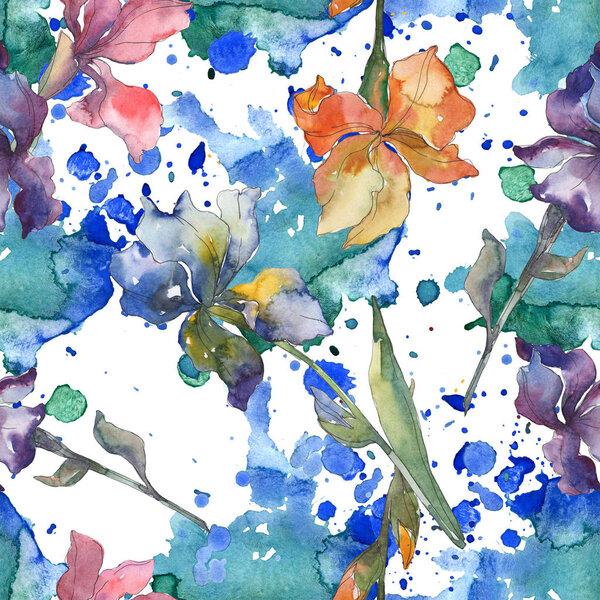 Purple, red, orange and blue irises floral botanical flower. Watercolor background set. Watercolour drawing fashion aquarelle. Seamless background pattern. Fabric wallpaper print texture.