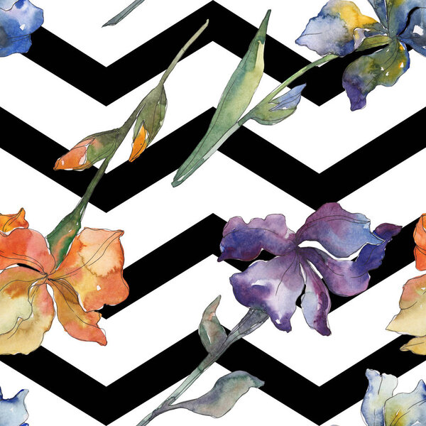 Purple, red, orange and blue irises floral botanical flower. Watercolor background set. Watercolour drawing fashion aquarelle. Seamless background pattern. Fabric wallpaper print texture.
