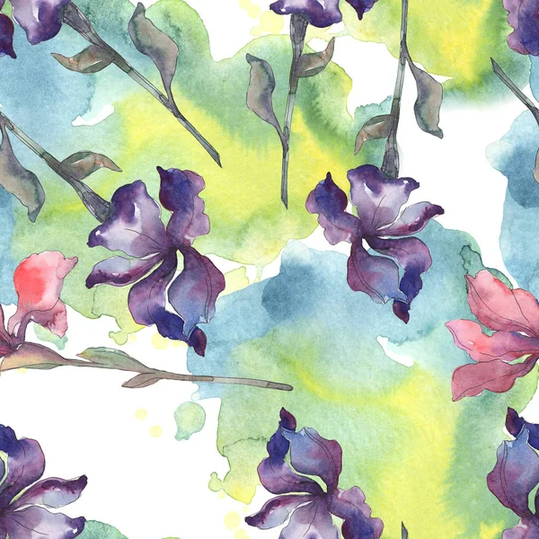 Purple, red, orange and blue irises floral botanical flower. Watercolor background set. Watercolour drawing fashion aquarelle. Seamless background pattern. Fabric wallpaper print texture.
