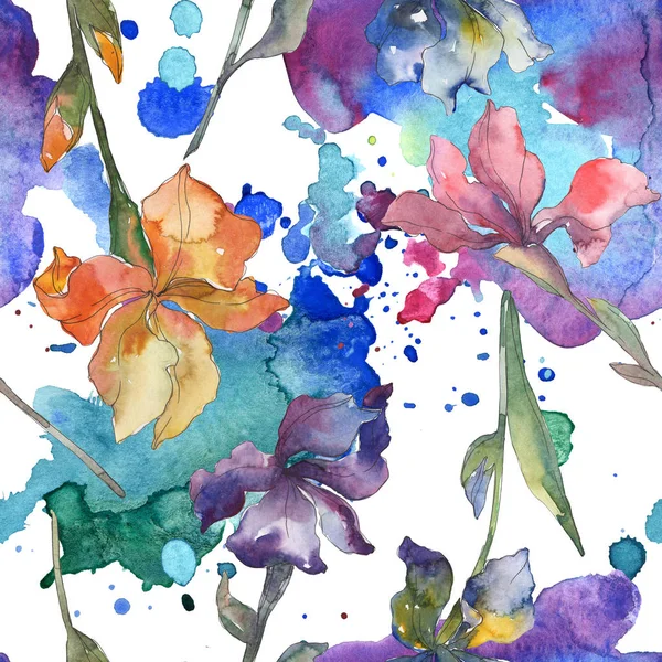 オレンジ 青菖蒲花植物の花 水彩画背景セット 水彩描画ファッション Aquarelle シームレスな背景パターン 壁紙印刷手触りの生地 — ストック写真