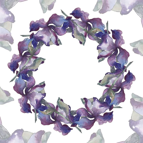 紫色のアイリス 花植物の花 野生春葉のワイルドフラワーが分離されました 水彩画背景イラスト セット 水彩描画のファッション Aquarelle 分離します フレーム枠飾りスクエア — ストック写真