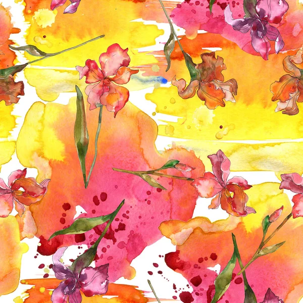 Red Purple Irises Watercolor Illustration Set Seamless Background Pattern Fabric — Stock Photo, Image