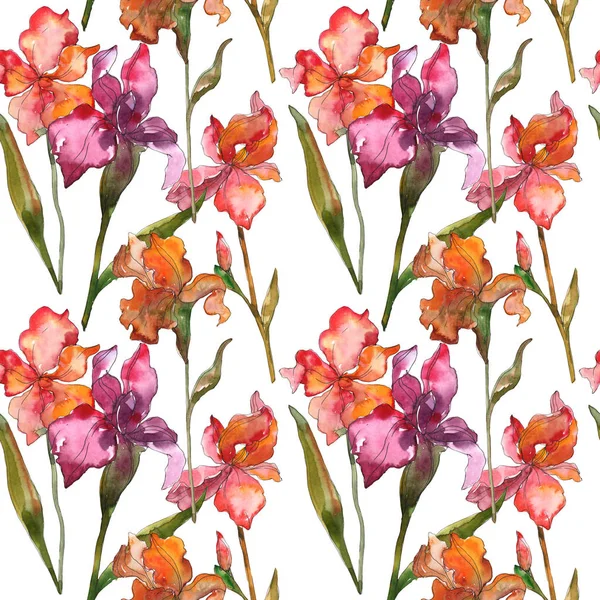 Red and purple irises. Watercolor illustration set. Seamless background pattern. Fabric wallpaper print texture.