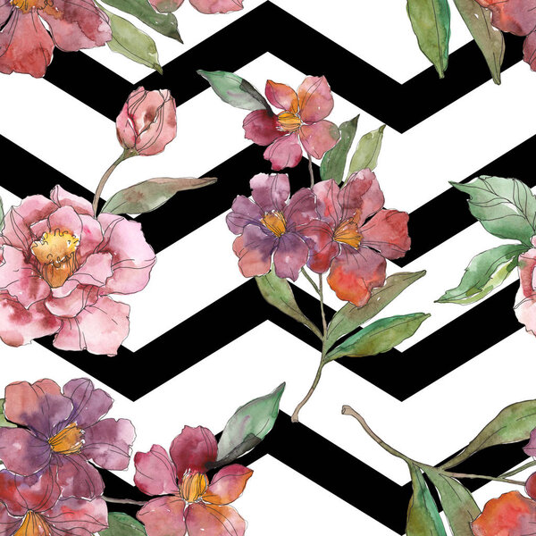 Red and purple camellia flowers. Watercolor illustration set. Seamless background pattern. Fabric wallpaper print texture.