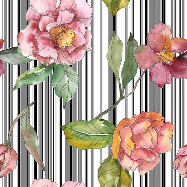 Red and purple camellia flowers. Watercolor illustration set. Seamless background pattern. Fabric wallpaper print texture.