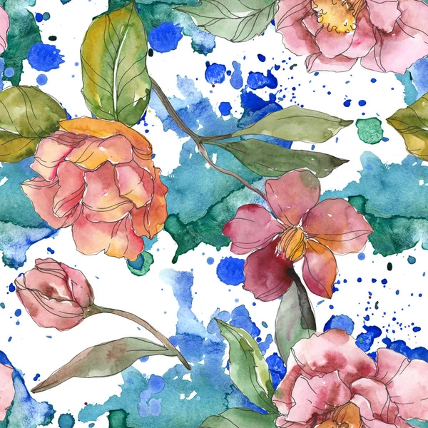 Camellia Rode Paarse Bloemen Aquarel Illustratie Set Naadloze Achtergrondpatroon Structuur — Stockfoto