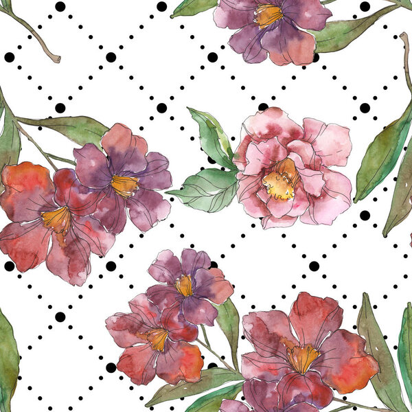 Red and purple camellia flowers. Watercolor illustration set. Seamless background pattern. Fabric wallpaper print texture.