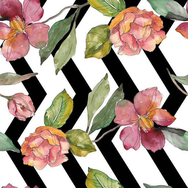 Red and purple camellia flowers. Watercolor illustration set. Seamless background pattern. Fabric wallpaper print texture.