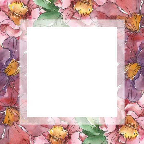 Fiori Camelia Rossi Viola Acquerello Sfondo Illustrazione Set Ornamento Bordo — Foto Stock