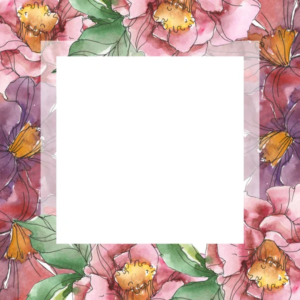Rött Och Lila Kamelia Blommor Akvarell Bakgrund Illustration Set Ram — Stockfoto