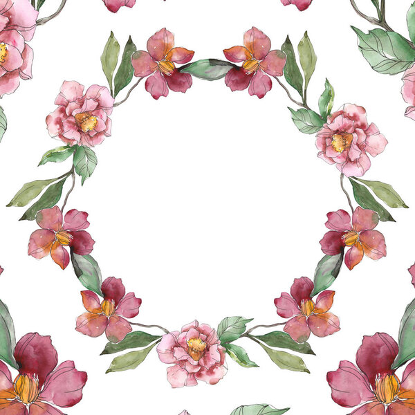 Red and purple camellia flowers. Watercolor background illustration set. Frame border ornament with copy space.