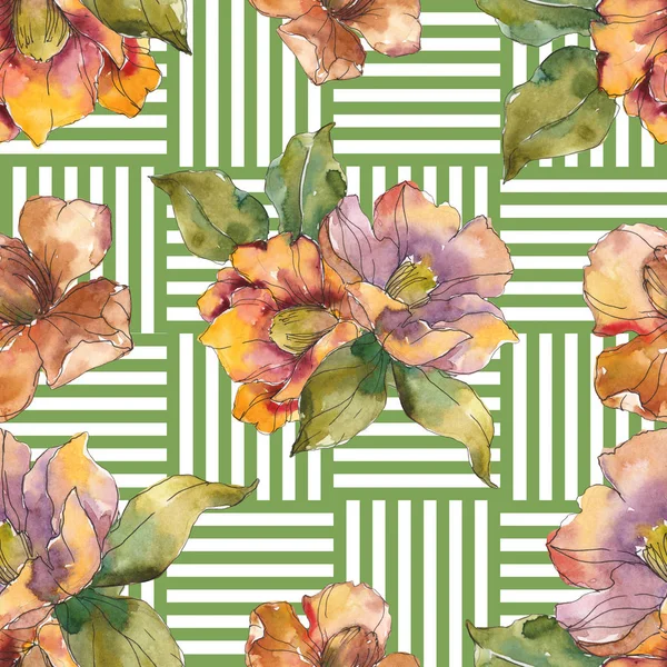 Red and orange camellia flowers with leaves and geometric pattern. Watercolor illustration set. Seamless background.