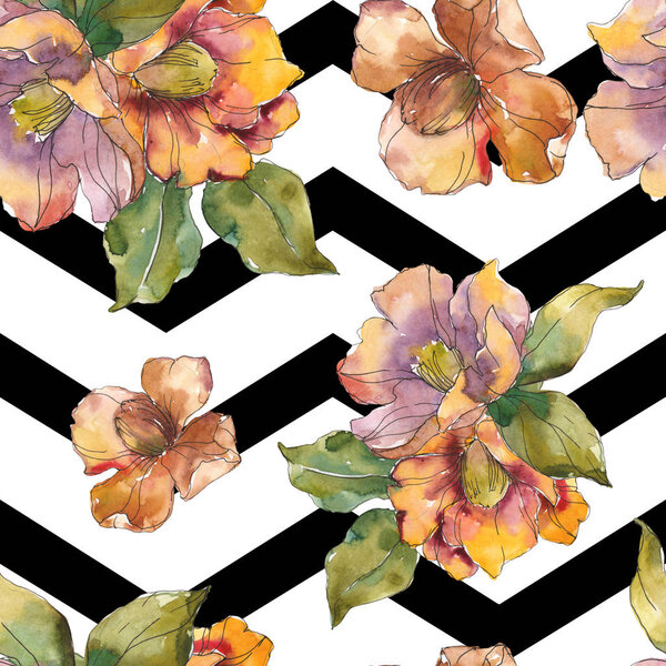 Red and orange camellia flowers with leaves and black lines. Watercolor illustration set. Seamless background.