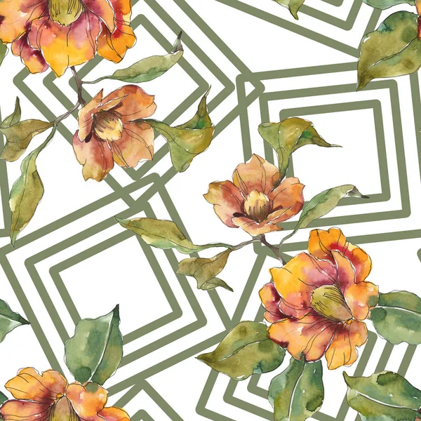 Red Orange Camellia Flowers Leaves Geometric Pattern Watercolor Illustration Set — Stock Photo, Image