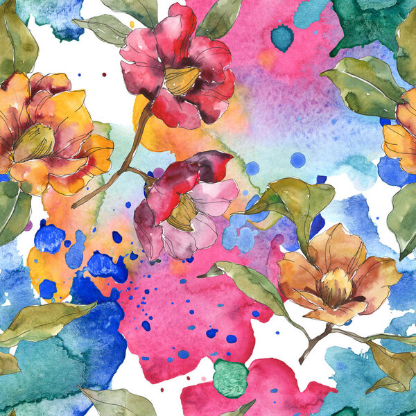 Red and orange camellia flowers with leaves and abstract pattern. Watercolor illustration set. Seamless background.