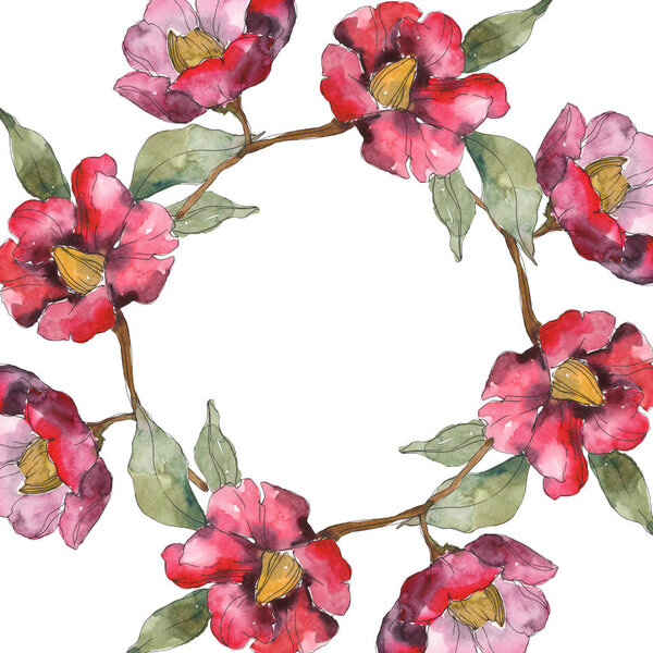 Изолированные красные цветы камелии с зелеными цветами. Набор акварельных рисунков. Рамка границы вокруг украшения с копировальным пространством
.