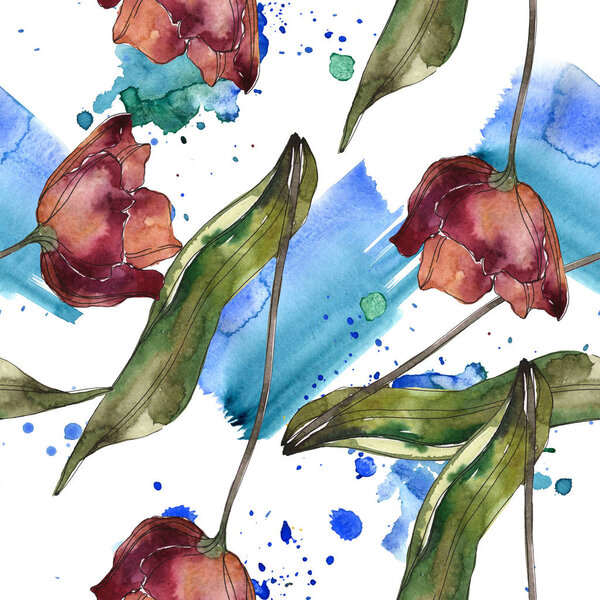 Red and burgundy poppies with leaves. Watercolor illustration set. Seamless background pattern.