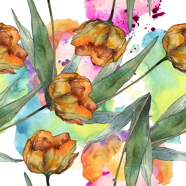 Orange Poppies Leaves Watercolor Illustration Set Seamless Background Pattern — Stock Photo, Image