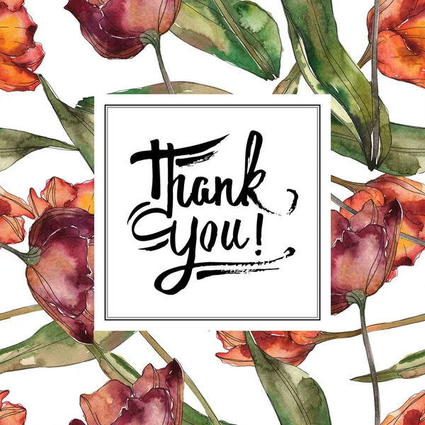 Burgundy ve kırmızı yaprakları ile haşhaş izole. Suluboya resim kümesi. Çerçeve kenarlığı süsleme teşekkürler yazı ile.