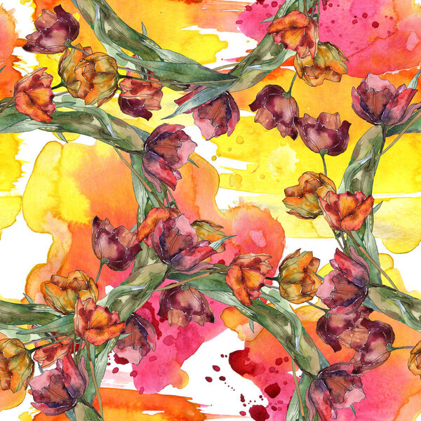Burgundy and orange poppies with leaves. Watercolor illustration set. Seamless background pattern.