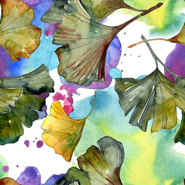 Gelbe Und Grüne Ginkgo Biloba Blätter Aquarell Illustration Nahtloses Hintergrundmuster — Stockfoto