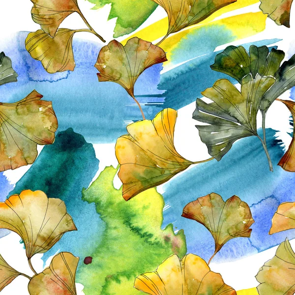 Yellow and green ginkgo biloba foliage watercolor illustration. Seamless background pattern. 