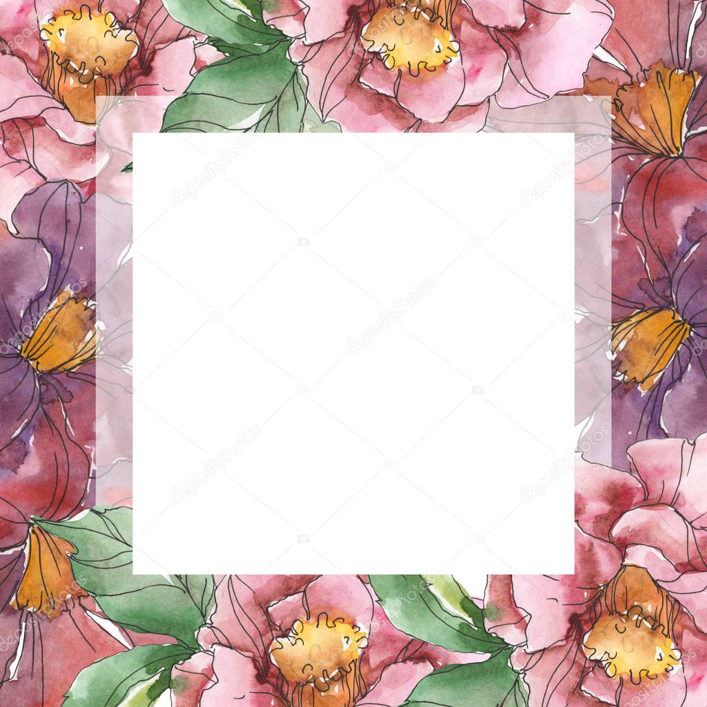 Red and purple camellia flowers. Watercolor background illustration set. Frame border ornament with copy space.