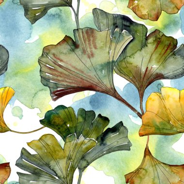 Sarı ve yeşil ginkgo biloba yaprakları suluboya resim. Sorunsuz arka plan deseni. 