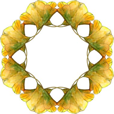 Yeşil ginkgo biloba yaprakları suluboya resim ayarlayın. Çerçeve kenarlığı süsleme kopya alanı ile.