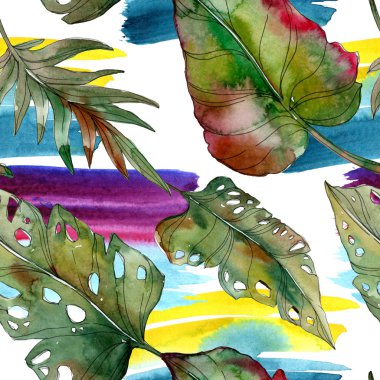 Egzotik tropik yeşil palmiye yaprakları. Sulu boya resimde sorunsuz arka plan. 