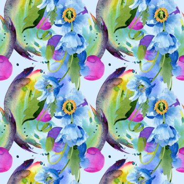 Mavi haşhaş yaprakları ve mavi izole tomurcukları ile. Suluboya resim seti. 