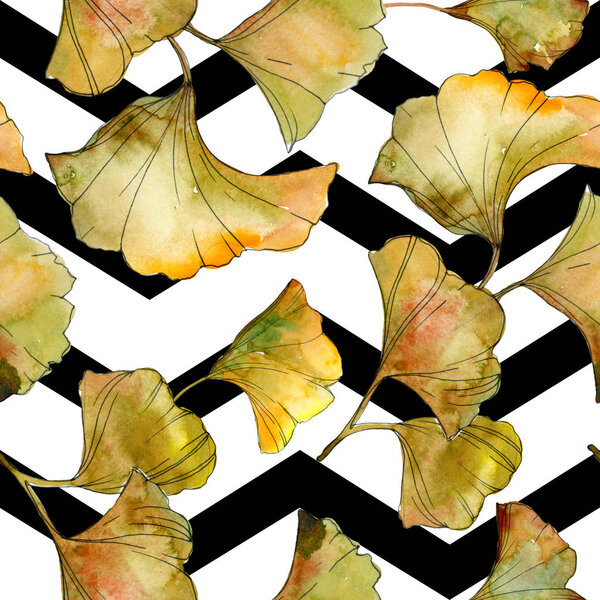 Зеленая листва гинкго билоба с линиями. Акварельная иллюстрация бесшовный фон
. 