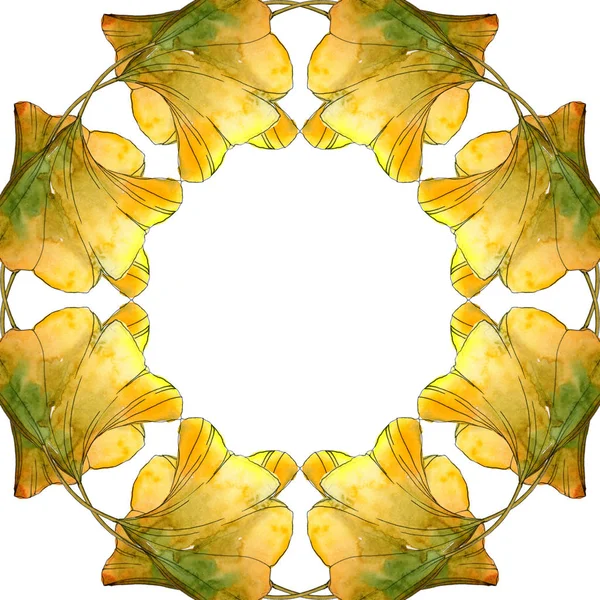 Yellow Ginkgo Biloba Foliage Watercolor Illustration Set Frame Border Ornament — Stock Photo, Image