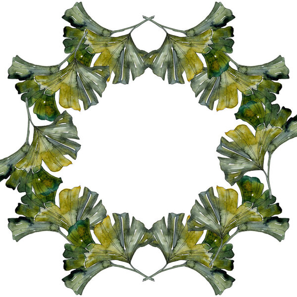 Green ginkgo biloba foliage watercolor background illustration set.  Frame border ornament with copy space.