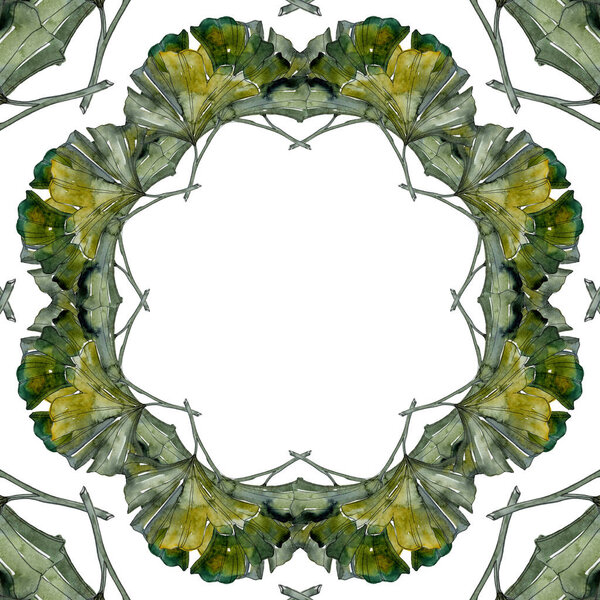 Green ginkgo biloba foliage watercolor illustration set.  Frame border ornament with copy space.