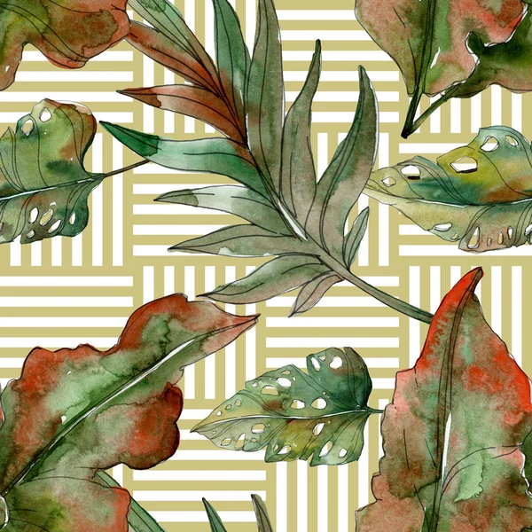 Exotische Tropische Groene Palm Bladeren Met Lijnen Aquarel Illustratie Naadloze — Stockfoto