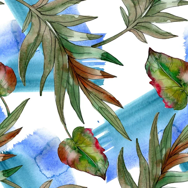 Exotic tropical green palm leaves. Watercolor illustration seamless background.