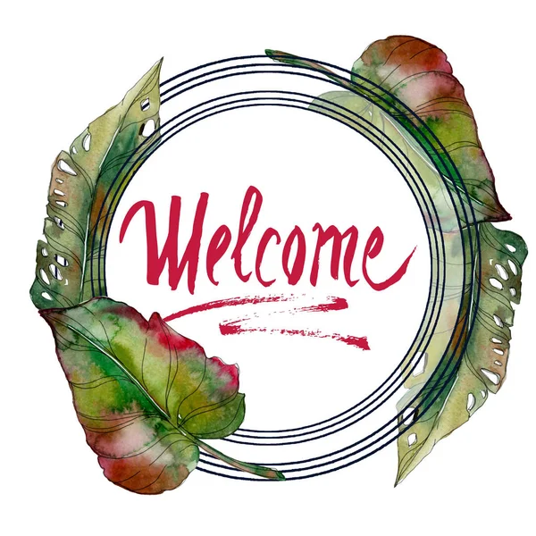 Exotic tropical green palm leaves watercolor illustration with frame and welcome lettering.