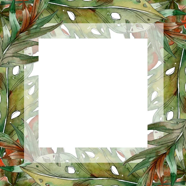 Exotic tropical green palm leaves square frame with copy space. Watercolor illustration background.