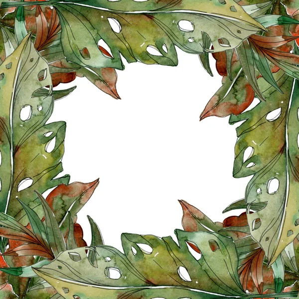 Exotic tropical green palm leaves round frame with copy space. Watercolor illustration background.