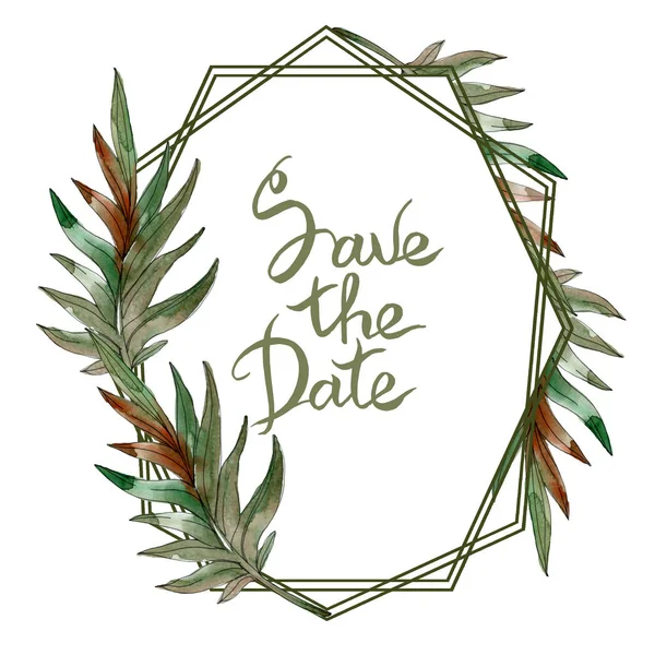 Exotic tropical green palm leaves watercolor illustration with save the date lettering.