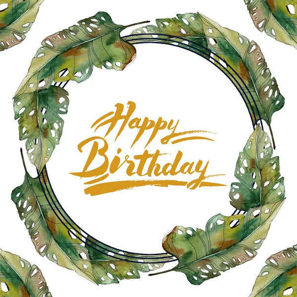 Exotic Tropical Green Palm Leaves Frame Watercolor Illustration Happy Birthday — Stock Photo, Image