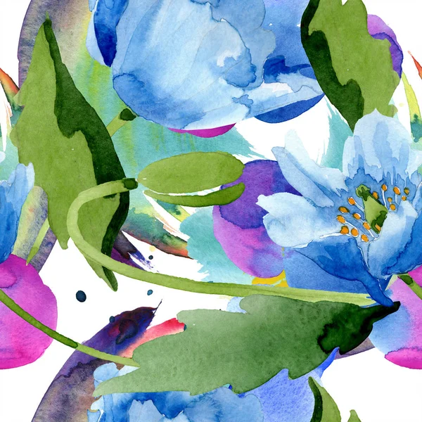 Blue Poppies Leaves Isolated White Watercolor Illustration Set — Stock Photo, Image