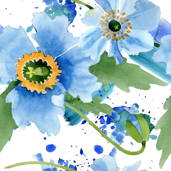 Blå Vallmo Med Blad Isolerade Vitt Akvarell Illustration Set — Stockfoto