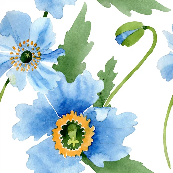 Blauwe Papaver Met Bladeren Wit Wordt Geïsoleerd Aquarel Illustratie Set — Stockfoto