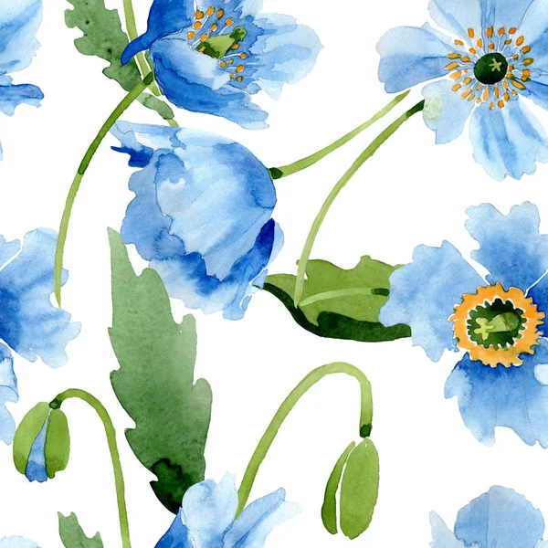 Blue poppies with leaves isolated on white. Watercolor illustration set.